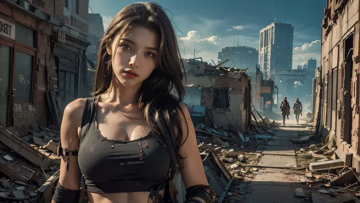 masterpiece, high resolution ,8K,(Portrait Photos:1.5),(R Original Photo),Reality,Digital Photography,(Apocalyptic ruins ),City ruins，beautiful 20 year old woman，sentry， post-apocalyptic scene， upper body photography ， broken clothes