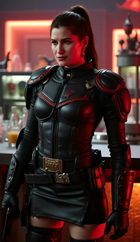 kathryn hahn as judge dredd, futuristic female law enforcer, high ponytail, sleek form-fitting black uniform, red accents, mini ...