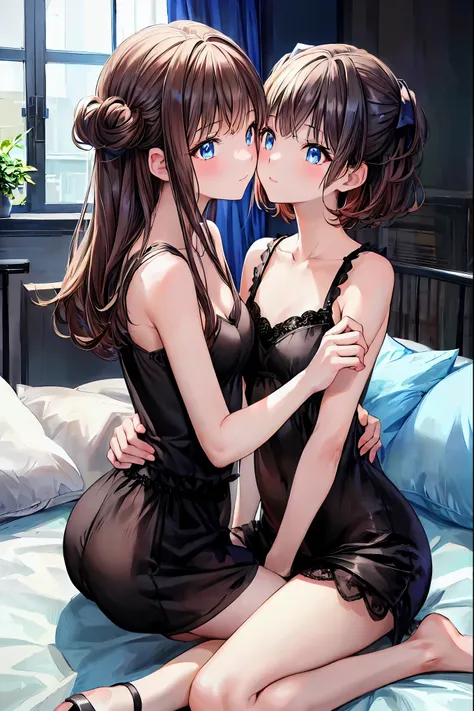 (8k、 RAW photo、 best quality、  Masterpiece :1.2)、 anime style、 very detailed、 super high resolution、 2 girls、side, Written Boundary Depth,  delicate eyes , Sharp nose line， fine skin、smooth、 perfect beauty、 small ass ，(( small breasts))、thin， French Kisses...