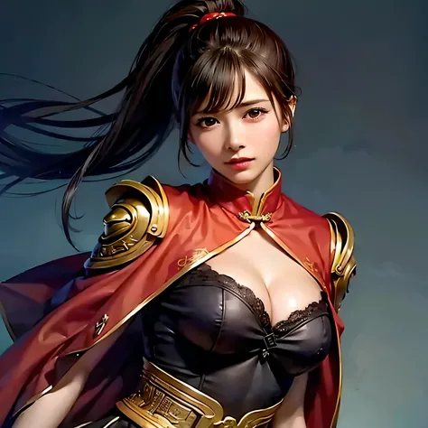  close-up of a woman wearing red armor and a red cloak, 1 person, high ponytail ,Cleavage , Thin Waist High Definition Face and Skin Textures, camera pointing at your butt, perfect beauty: 1.4, fine grain, double eyelids, Whitening,  best quality ,  super ...