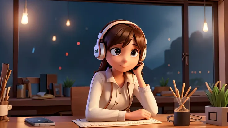 A scene of a person wearing , A scene where a person wearing headphones sits at a table and looks at the fireworks outside the window