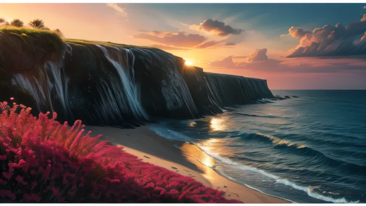 paysage mer, Eau,coucher du soleil,fleurs,(Highly detailed CG Unit 8k wallpaper), The most beautiful work of art in the world, Professional majestic oil painting, complexe, High detail, mise au point nette, dramatique, Art of photorealist painting,
