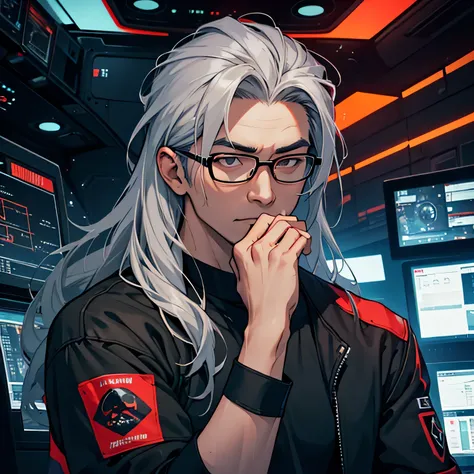 asian man, 50yr, gray hair, longhair, eyeglass,in all black t-shirt, black jacket with red spirit ghost logo, black jean, coffee, cyber, space ship, cockpit