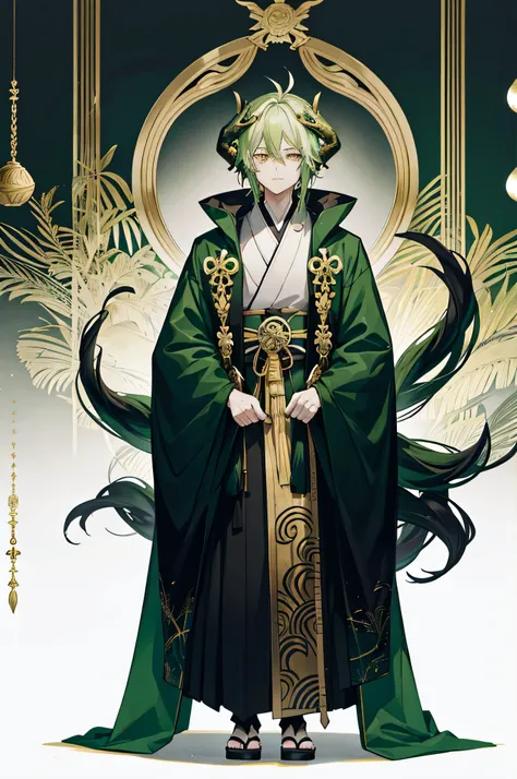 Plant Horns , full body,Frontal standing,black and white green coat ,kimono,male,(Age 30),One person,Gold decoration, medium hair ,Green Hair,Droopy eyes ,adult, dread ,Mysterious,Tree Spirit,,simple back ground,Golden Eyes,cross arms in front,standing,fro...