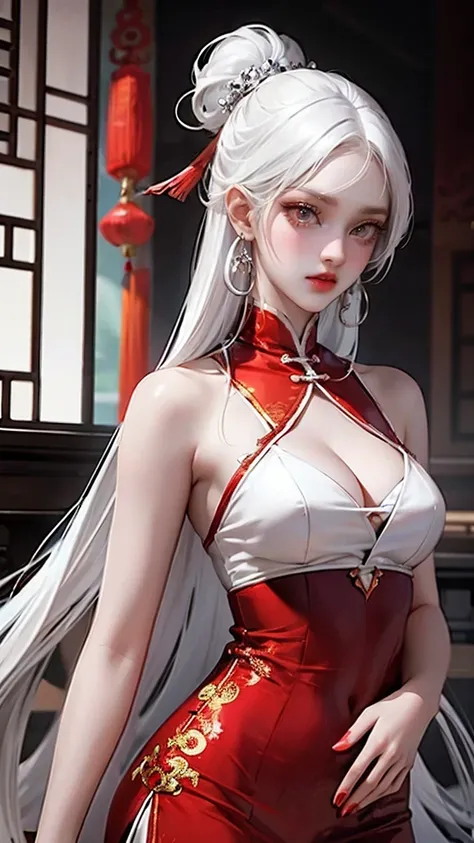 A woman with white hair and red eyes wearing a Chinese-style dress is a bit like an anime, that&#39;s Art ny And her clothes are a bit closed, she has a scarf or a cloak like that, so she wears a cloak like that so that it&#39;s a bit closed, (NSFW:1.2)