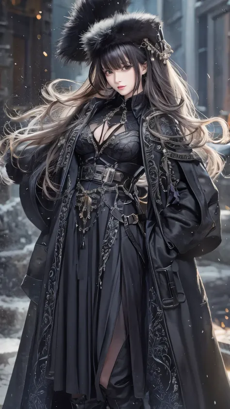 (( best quality)),( super high resolution),( very detailed),( detailed description ),(( best CG )),(a masterpiece),超詳細なart, Great Paintings ,( art:1.5), (A woman wearing a black long coat:1.7),(Harness accentuates the chest area:1.5),(Stiletto long boots:1...