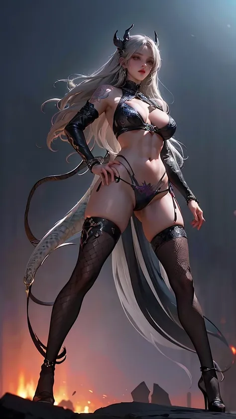 ( full body shot),( big breasts at the temple),(( has pretty clear abs)), ((((Grey Hair))), detailed portraits of adult women in a dark fantasy setting , Bright blue eyes that emanate a sense of danger [ detail eyes , Bright blue:1.1], [Black Leather Look]...