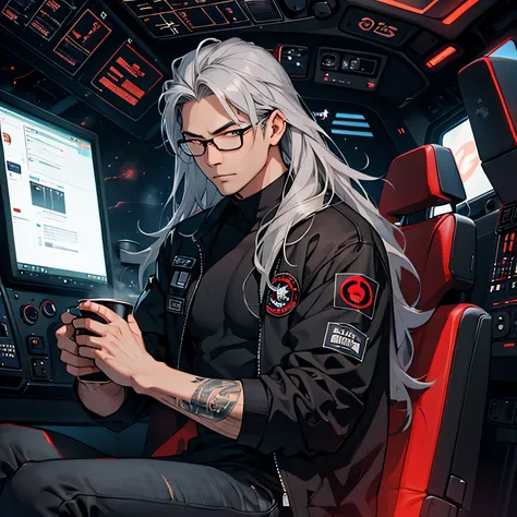 asian man, 50yr, gray hair, longhair, eyeglass,in all black t-shirt, black jacket with red spirit ghost logo, black jean, coffee, cyber, space ship, cockpit