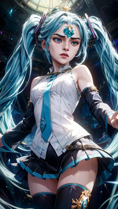 (absurdres, highres, ultra detailed, HDR), masterpiece, perfect face, detailed face, intricate details, extremely detailed character profile, best quality close-up picture,  hstsune miku character, in wild rift arcane art style, religious sorcerer outfit, ...