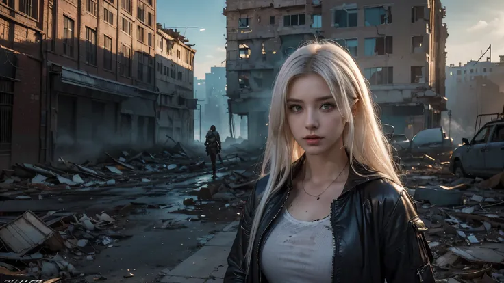 masterpiece, high resolution ,8K,(Portrait Photos:1.5),(R Original Photo),Reality,Digital Photography,(Apocalyptic ruins ),City ruins，beautiful 20 year old woman，White hair，sentry， post-apocalyptic scene， upper body photography ， broken clothes