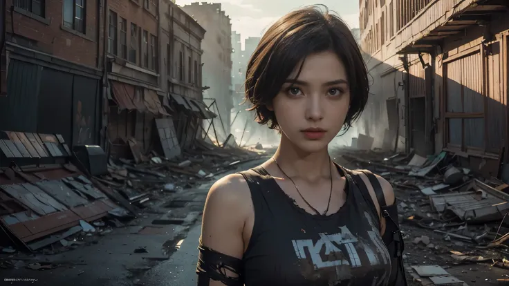 masterpiece, high resolution ,8K,(Portrait Photos:1.5),(R Original Photo),Reality,Digital Photography,(Apocalyptic ruins ),City ruins，beautiful 20 year old woman，Short hair，sentry， post-apocalyptic scene， upper body photography ， broken clothes