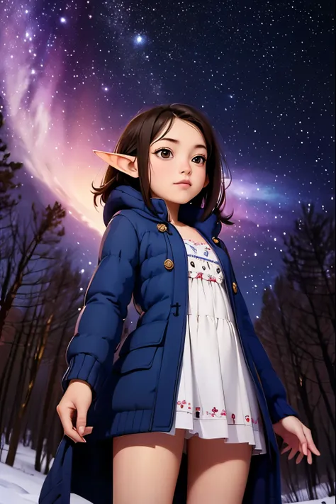 ( best quality, super detailed, there is nothing,  Masterpiece :1.2)，  very young girl  ，   short ，  Thin Thighs ，  fisheye lens ，baby face，Elf Ears，is short，Hilly night sky，winter，winter colors, winter landscape,   starry sky  ，  Aurora :1.3，Sky color Pru...