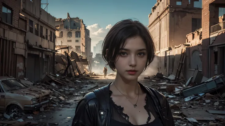 masterpiece, high resolution ,8K,(Portrait Photos:1.5),(R Original Photo),Reality,Digital Photography,(Apocalyptic ruins ),City ruins，beautiful 20 year old woman，Short hair，sentry， post-apocalyptic scene， upper body photography ， broken clothes