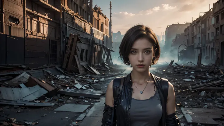 masterpiece, high resolution ,8K,(Portrait Photos:1.5),(R Original Photo),Reality,Digital Photography,(Apocalyptic ruins ),City ruins，beautiful 20 year old woman，Short hair，sentry， post-apocalyptic scene， upper body photography ， broken clothes