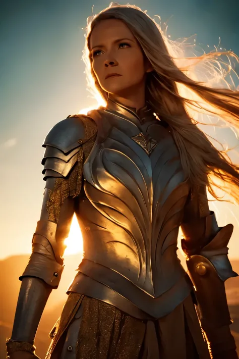 Galadriel, inspired by the series "The Rings of Power", (((L4L4 face))), in a majestic pose at the center of the scene , wearing shimmering armor and elven details, with its blond hair flowing under a golden light . The background shows an epic landsca...