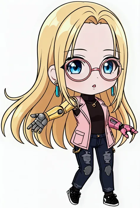 lera228sigma, chibi, 1girl, full body, white background, 1 girl, blue eyes, blonde hair, long hair, straight hair, no bangs, open forehead, black turtleneck, sleeveless turtleneck, pale skin, ear piercing, bright pink coat, black jeans, round glasses, pink...