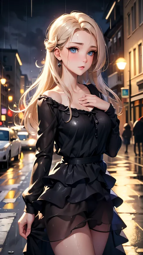 (( best quality, 8k,   Masterpiece :1.3)), concentrated:1.2,  perfect body beauty:1.4, Ass:1.2, (( layered haircut , chest:1.2)), (Wet clothes:1.1) , (rain, street:1.3),  bandeau dress: 1.1,  highly detailed face and skin textures,  beautiful eyes,  double...