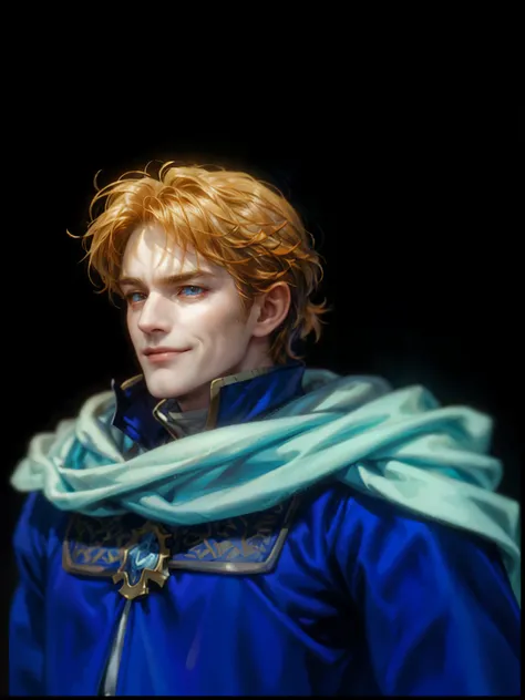 (absurdres, highres, ultra detailed, HDR), masterpiece, perfect face, detailed face, intricate details, extremely detailed character profile, best quality close-up picture, fire emblem character, rpg, noble duke outfit, old man, blue cape, orange hair, old...