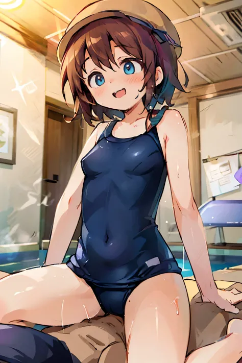  Masterpiece ,  best quality,  absurd,  1 girl , Helga Haruka ,  blue eyes,  brown hair,  shorthair ,  brown hat, old school  swimsuit , (One Man), (Heterosexual:1.1),  cowgirl position , sex, straddling , girl on top, (:1.3), (sweat), perfect anatomy, ope...