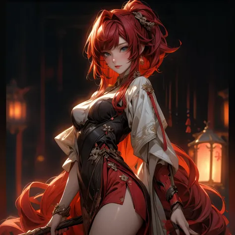 ((best quality)), ((Masterpiece)), ((Enrich the picture，Masterpiece level quality)), ultra background details, an image of a beautiful cyberpunk woman, mature woman, fierce woman, fantasy theme, hips up, fantasy, ((red hair, curtainbangs)), beautiful golde...