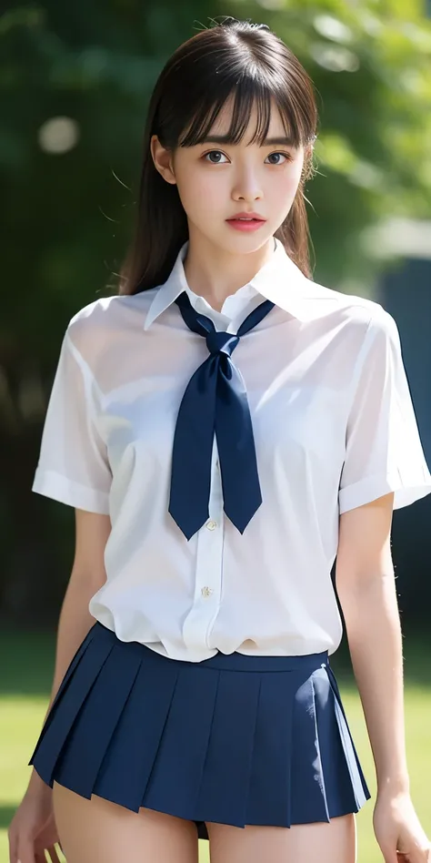 Neat and clean schoolgirl、(Schoolgirl Uniform、Loose and large shirt、Shoulders are visible、Nipple bumps、**** girl、shirt wet、Sheer white shirt、Navy blue ribbon at the collar、School Uniform Blazer、Dark blue pleated micro mini)、Outside the field、(Slimed)、Photo...