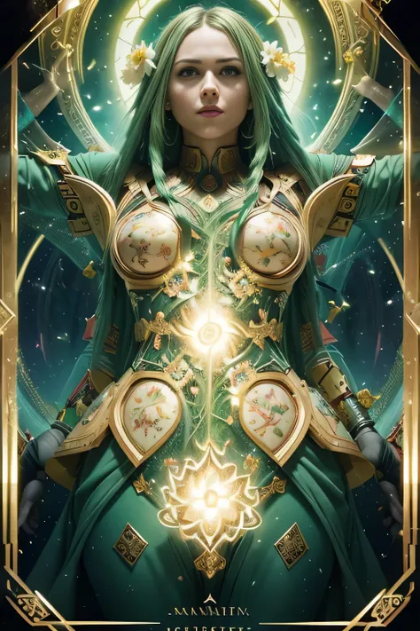 (masterpiece, top quality, best quality, official art, beautiful and aesthetic:1.2), (1girl:1.3), (fractal art:1.3), card, tarot, green hair, twin braids, hair flower, (good lighting:1.1), ((highres)), Tarot card style