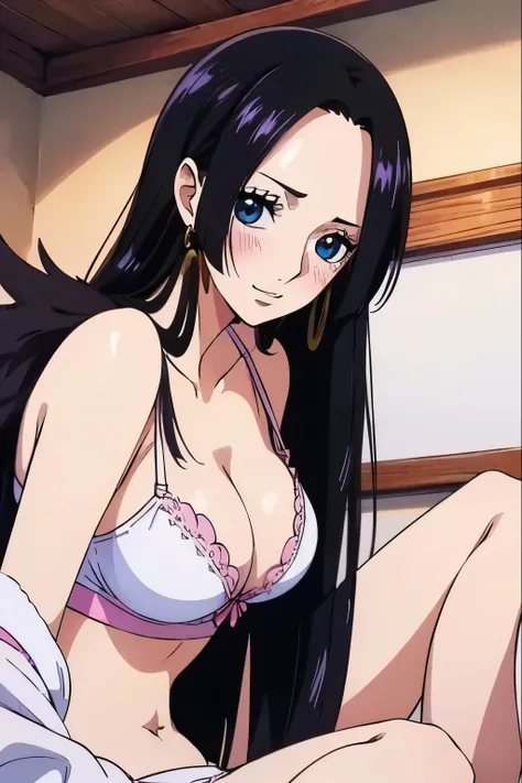 (((Masterpiece))), (((best quality))), ((ultra detailed)), (highly detailed CG illustration), boa hancock, , (Masterpiece:1.5), Detailed photo, she is wearing a white bra,,full body, sexy, (best quality: 1.4), (1 girl), beautiful Face, (black fur, broad: 1...