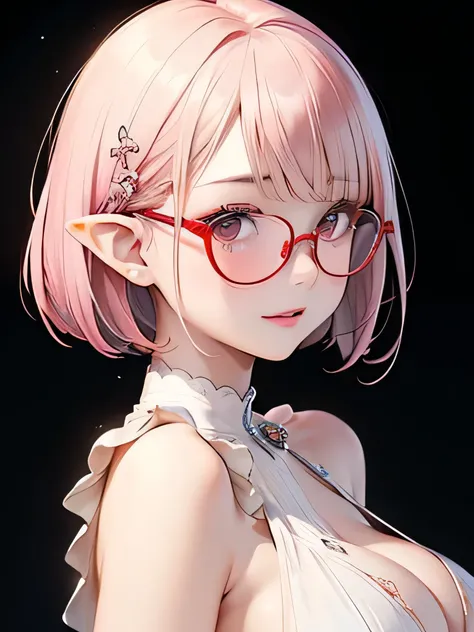 1 girl( princess your toddler、 best quality、、 best quality、、(((2７age、adult、Big Breasts、 Unrivaled Beauty 、 Supermodel Style ))(( short bob hair：1.5、Short Bob Hair、 with bangs:2、 milky pink hair ：1.5、))（((( red glasses with thin and thick frames)))（Elf Ears...