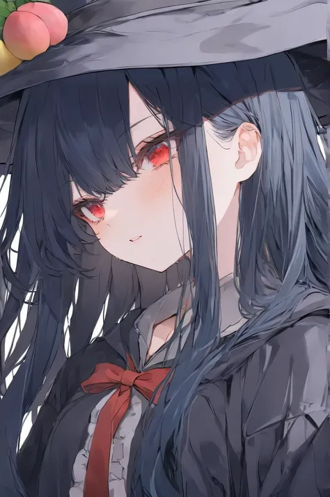  Top quality  ，  Best Quality ，  Official Art  ，cool, beautiful, And pick   ， Very Detailed （Fractional art 1 .2），most detailed，  a girl ，  expressionless faces  ， Dark blue long hair   ， wearing a wizard hat，  dark red eyes  ， Seductive Expression , Part ...