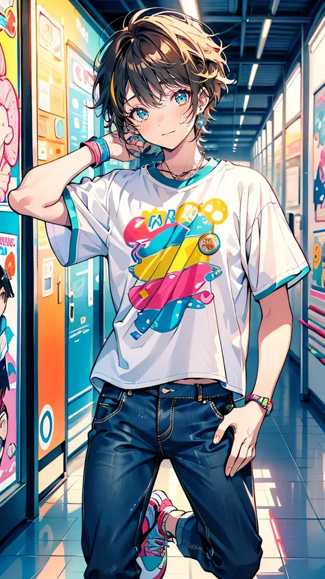 “A cheerful, laid-back high school boy with short, messy brown hair, wearing a colorful, playful pop-dance outfit. He has a wide grin on his face, and his stance is relaxed yet energetic, mid-dance in a fun, upbeat move. His clothing is casual and colorful...