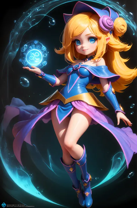  The 3D full-body artwork of the super beautiful girl, 1 girl, beautiful blue eyes,  big eyes , blonde and long hair. beautiful, happy,  C4D,  heart bubbles，magic background, Chibi,  translucent fluorescent ,  shiny body,cute, doll, Put,  reference sheet, ...