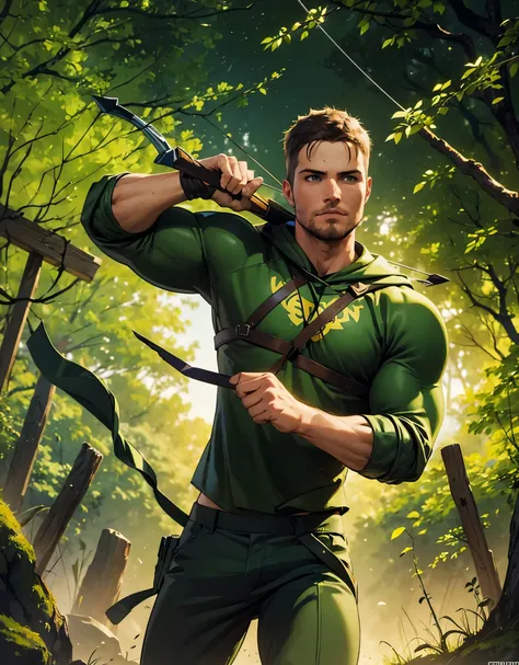 A man in a green arrow costume with a bow and arrow, standing in a conifers forest, portrait of (((Stephen  AMELL))) as Green Arrow,32 k, hyper detailed,masterpiece, vibrant colors, dynamic lighting, cinematic composition, intricate details, lush foliage, ...