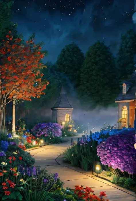 a painting of a midnight garden shrouded in mist, where ghostly flowers bloom under a starlit sky. The colors would be deep purples and blues, creating an enchanting and eerie vibe
