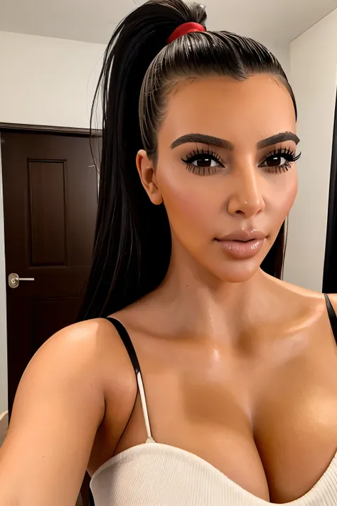   selfie of Kim Kardashian with high ponytail and gel ,  with multiple large, round red kisses on the face and neck