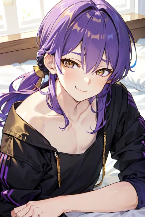 Age 20　 {{ 1 man、  jacket、 inner shirt 、　  bed　  smile、(((appearance:gold eye、Golden Eyes、 blue hair、 blue hair 、 purple gradationhair、Hair tied up、Hairstyle: all back 、all backhair、1 bundle 、)))Muscular、black sweatpants、Stern face、 is cool、 frontal angle、...