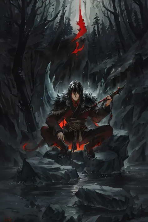 (Intricate Details, Masterpiece, Best Quality, High Resolution, 8k), (1man), (male:1.2), mid shot, full body, cold, scarred, built strong, monster tamer, dark lighting, dark forest, sitting on a rock, surrounded by monsters, sharp face, dark mood, red eyes...