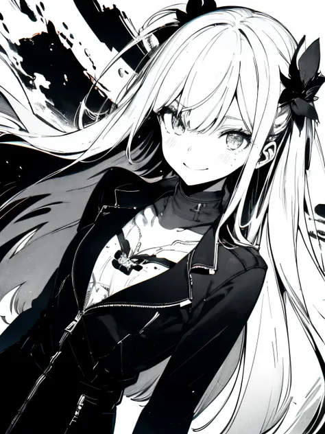 amatsukaze,ink art,(black and white comic core:1.3),(extreme high contrast),Shadow on face,Long Hair,Flat Chest,Small Chest,masterpiece,Noise Reduction,Perfect Anatomy, Super detailed,Dutch Angle ,Beautiful fine details,Five Fingers, Perfect hands,suit、smi...