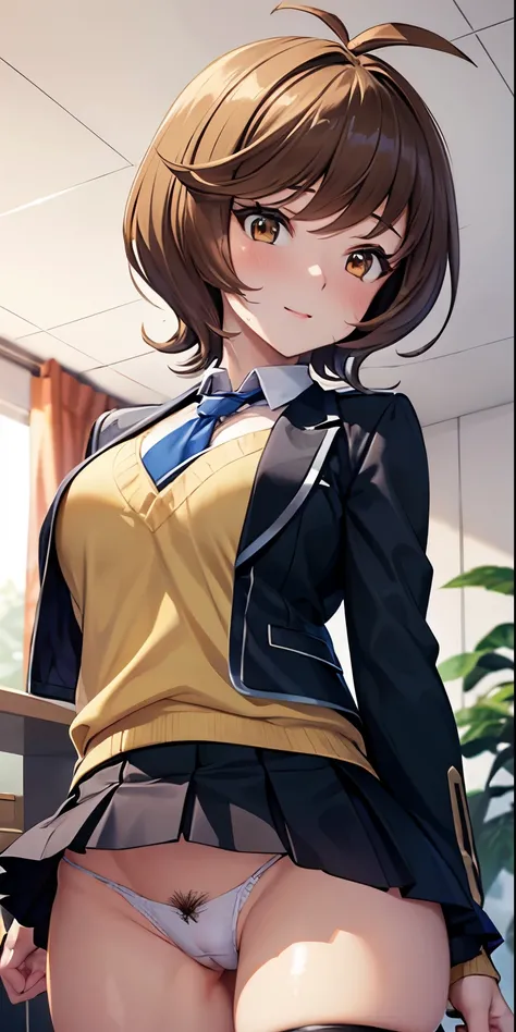 1 Female,High definition,high resolution,Ultra-realistic,8K, hmza, short hair, antenna hair, brown eyes, , blue necktie, (black jacket), yellow shirt,long sleeves,( black skirt),tight skirt , miniskirt,European,sexy,Upper body close-up,Photographed from th...