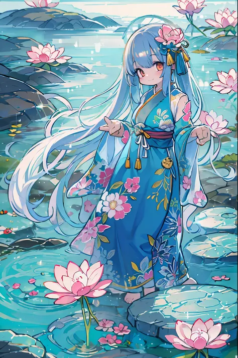 ((4K,  Masterpiece , best quality)), Jellyfish Sim , Chinese Paintings , lotus, Hanfu, Maxi Kit,  Dress Open, swf 1 girl, Alone, Long Blue Hair, smile,  standing, Feet in the water, barefoot,