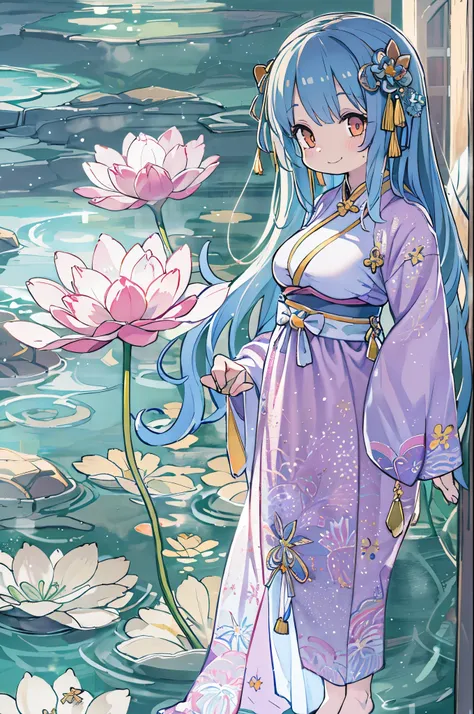 ((4K,  Masterpiece , best quality)), Jellyfish Sim , Chinese Paintings , lotus, Hanfu, Maxi Kit,  Dress Open, swf 1 girl, Alone, Long Blue Hair, smile,  standing, Feet in the water, barefoot,