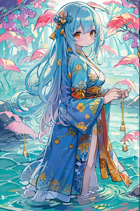 ((4K,  Masterpiece , best quality)), Jellyfish Sim , Chinese Paintings , lotus, Hanfu, Maxi Kit,  Dress Open, swf 1 girl, Alone, Long Blue Hair, smile,  standing, Feet in the water, barefoot,