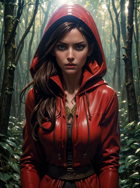 close-up portrait of NewLaraCroft in a forest, (backlight), realistic, masterpiece, highest quality, ((red hooded cloak)), ((scared )), lens flare, shadow, bloom, (( flashes of light)), [chromatic aberration], by Jeremy Lipking, by Antonio J. Manzanedo, by...