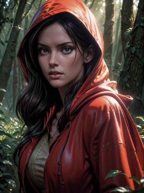 close-up portrait of NewLaraCroft in a forest, (backlight), realistic, masterpiece, highest quality, ((red hooded cloak)), ((scared )), lens flare, shadow, bloom, (( flashes of light)), [chromatic aberration], by Jeremy Lipking, by Antonio J. Manzanedo, by...