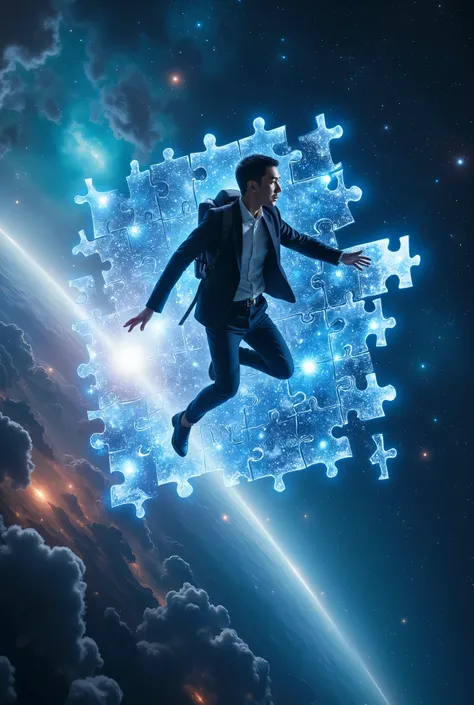 asian business man wearing a suit with jetpack flying in the galactic sky playing a giant jigsaw puzzle in hologram and its neatly arranged fit to each other, 11 piece of jugsaw puzzle, (front view:1.3), (close up:1.2), galaxy, holographic, fantasy, sci-fi...