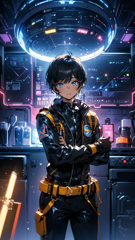 A young male space engineer in his early 20s with a lean, athletic build. He has short brown hair, light stubble, and a focused expression as he works on repairing a futuristic spacecraft. He wears a high-tech utility jumpsuit with various tool attachments...