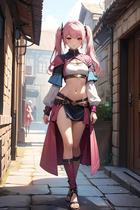 female, medieval, advanturer outfits, short twintail pink hair, beautiful, clear face, flat chest, crop top, fantasy clothes, merchant, slim, full body, teen, short