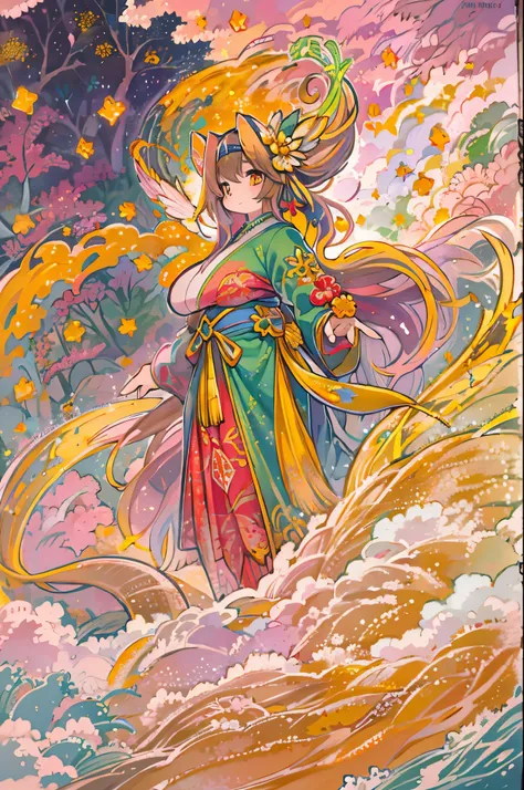 An angelic being without human affection, Creator of the Universe, myth, In the background of the image, Heavenly Mountain Scenario,  orange cloud .  The style of the image should be cartoonish , With powerful and impressive strokes, 登場人物にはmythや天使の要素が加わってい...