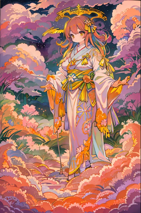 An angelic being without human affection, Creator of the Universe, myth, In the background of the image, Heavenly Mountain Scenario,  orange cloud .  The style of the image should be cartoonish , With powerful and impressive strokes, 登場人物にはmythや天使の要素が加わってい...