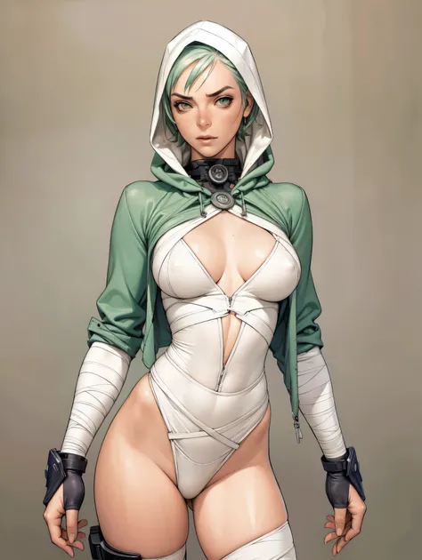 (((Annie Lennox))), (((light green))), (scars), (((Bandaged body))), ((hooded cloak)), (((Quorra))), (((best qualityer: 1.4))), (Unbeatable masterpiece), (hiper HD),(CG 8k hyper-realistic), (((brave face))), (((breasts big))), (((hyper feminine))), sexly g...