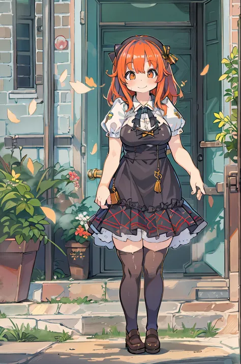 ( embarrassing), Red Hair,  orange hair, Wellie Art Style,  1 girl , ,  upper body,  Extremely Detailed Eyes, employment, clavicle,  ruffle dress,  with a smile,Busty、 chubby